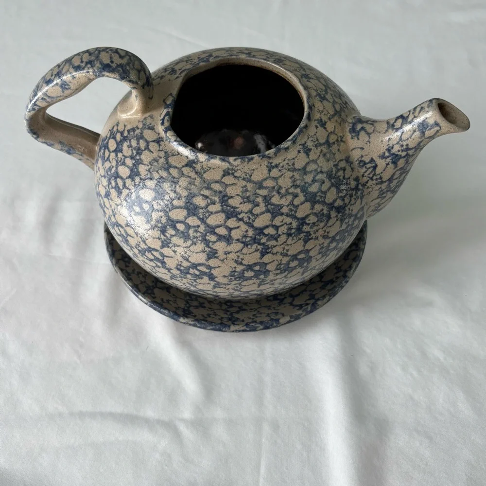 Beaumont Brothers Pottery Blue and Gray Salt Glaze Tea/Coffee Pot With Plate